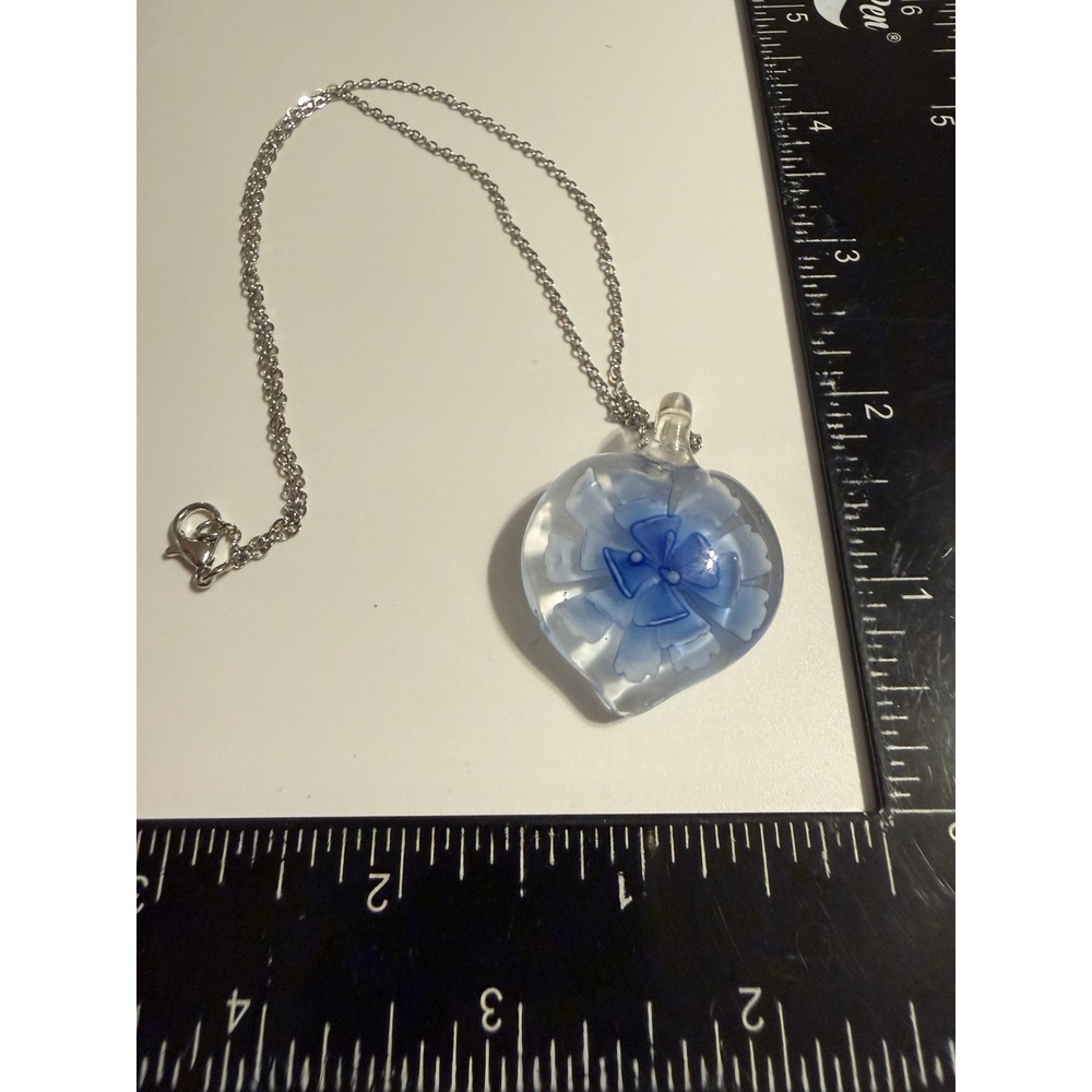 Handmade Blue Millefiori Glass Heart Pendant Necklace Silver Tone‎ Chain 18 Inch